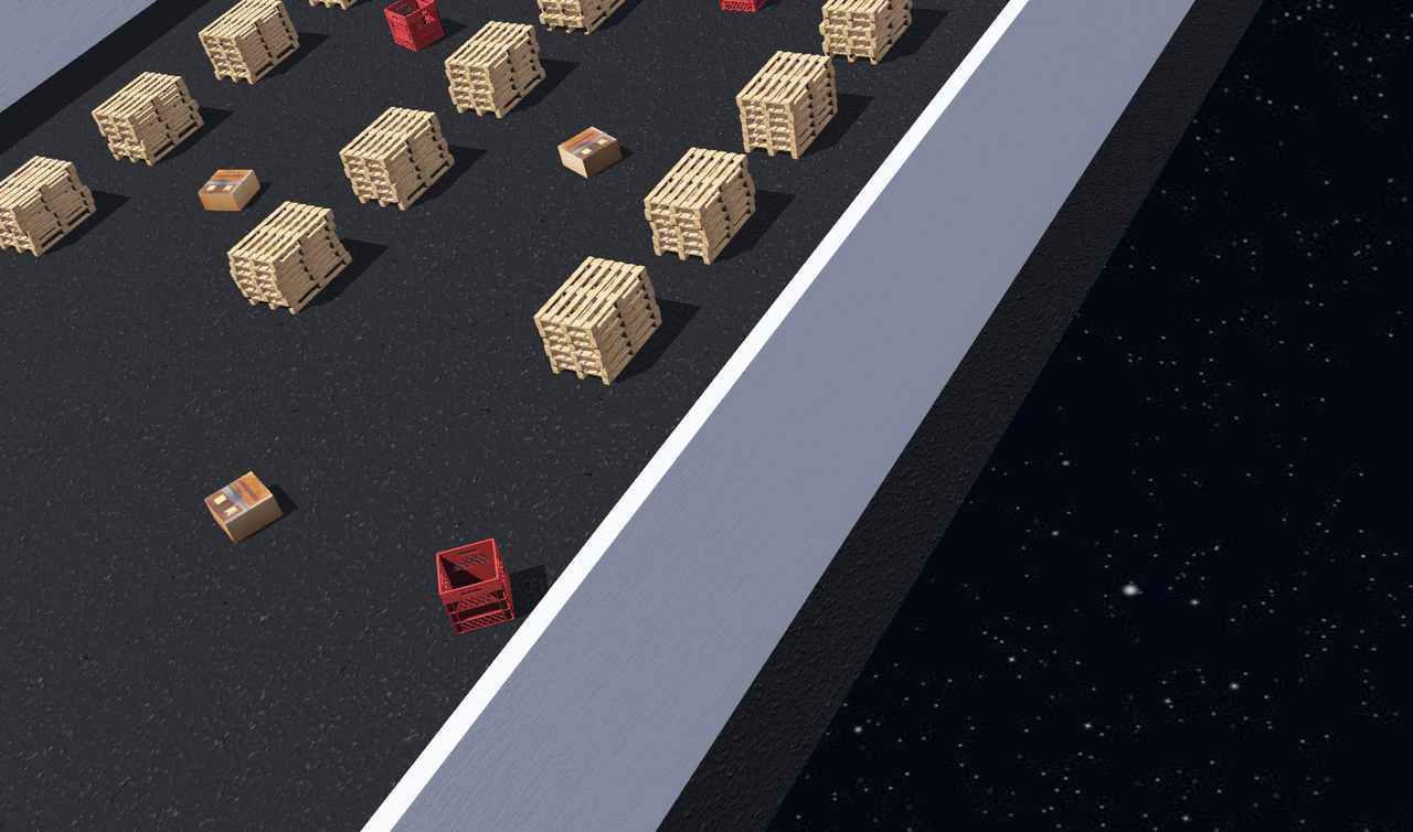 Warehouse demo — Husky navigating wooden pallets and crates with NightSky lighting